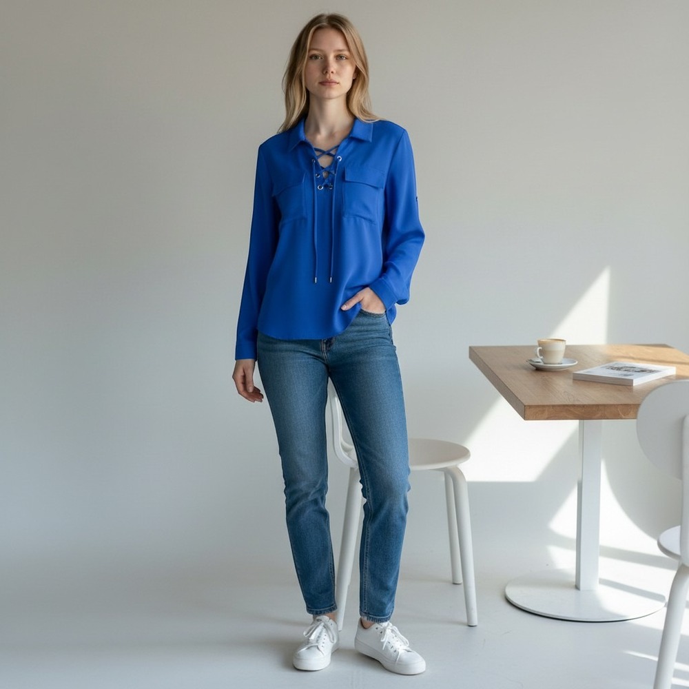 Calvin Klein Royal Blue Lace-Up Blouse Womens Large Long Sleeve Roll Tab Top
